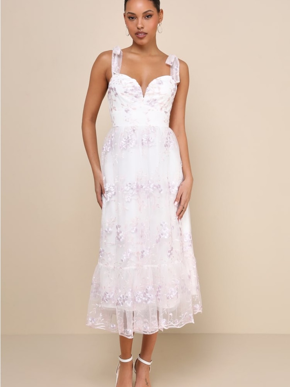 🌸 Lulus Floral Embroidered Tie Strap Midi Dress XL NWT Romantic Garden Party